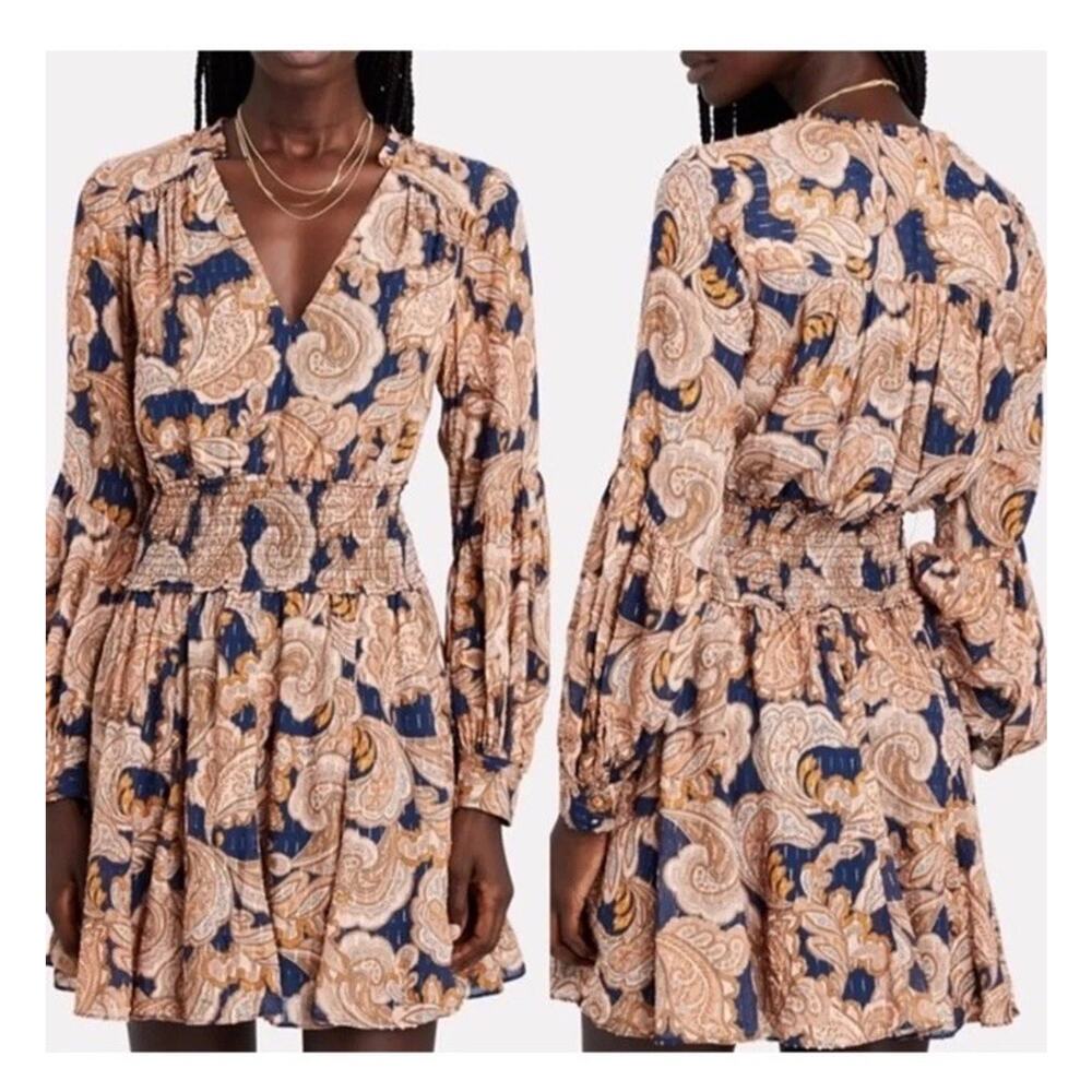 INTERMIX Dorinda Paisley Smocked Waist Mini Dress Size 4 Long Sleeve $328 EUC